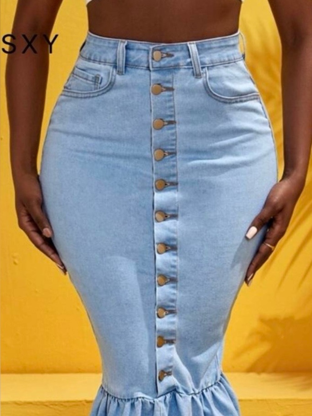 SHEIN Light Blue Denim Mermaid Midi Skirt with Button Front size S - Picture 2 of 9